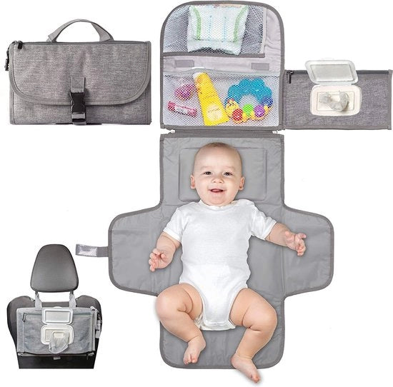 Matraccio per viaggio Matraccio compattibile XL - Tasca rimovibile con 6 compartimenti, dispensatore di asciugamani e cuscino confortevole per la testa del bambino (grigio)