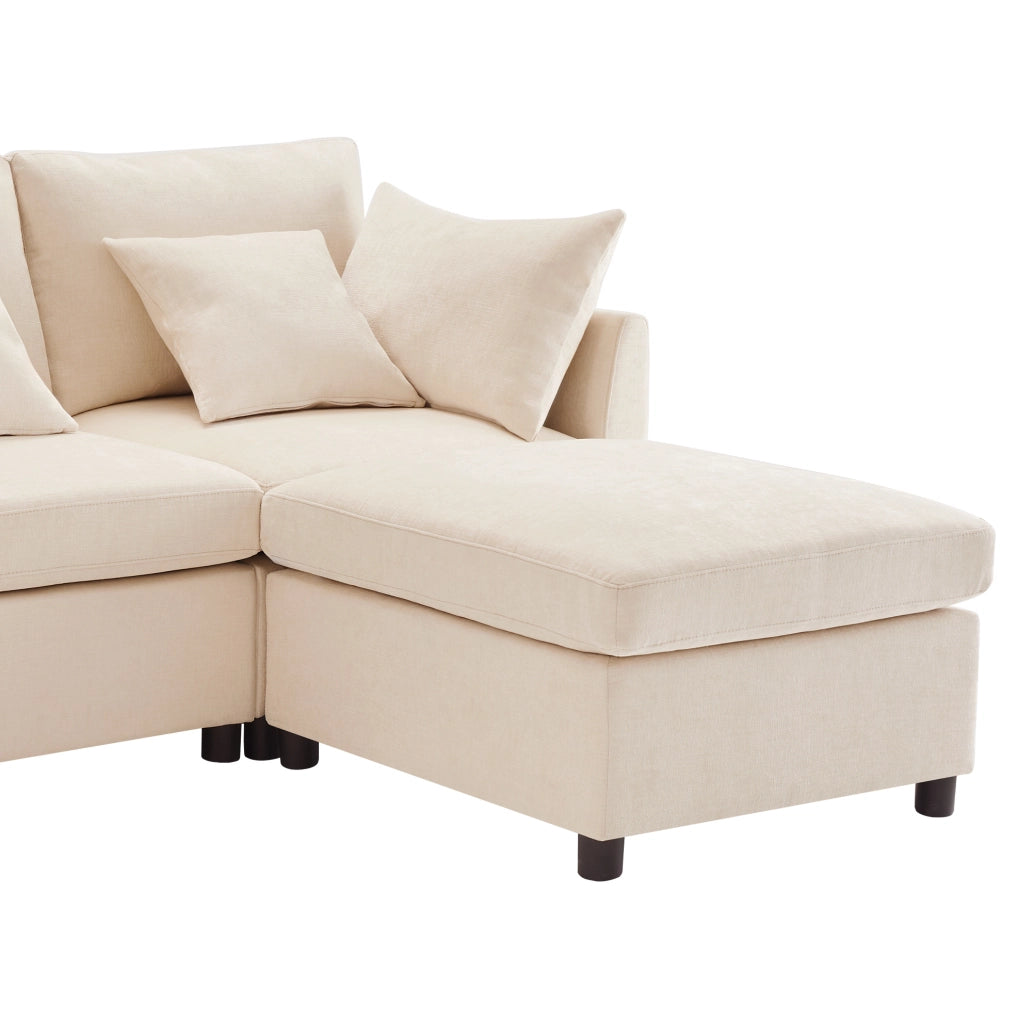 Divano modulare ULEVR 278x161 cm da 4-6 posti con 2 pouf mobili e 6 cuscini, in ciniglia beige