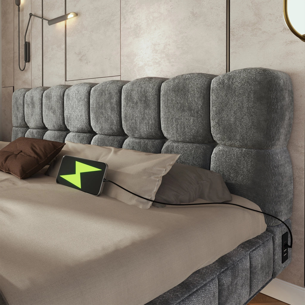 Letto imbottito 180x200 cm con contenitore idraulico e LED in ciniglia grigio