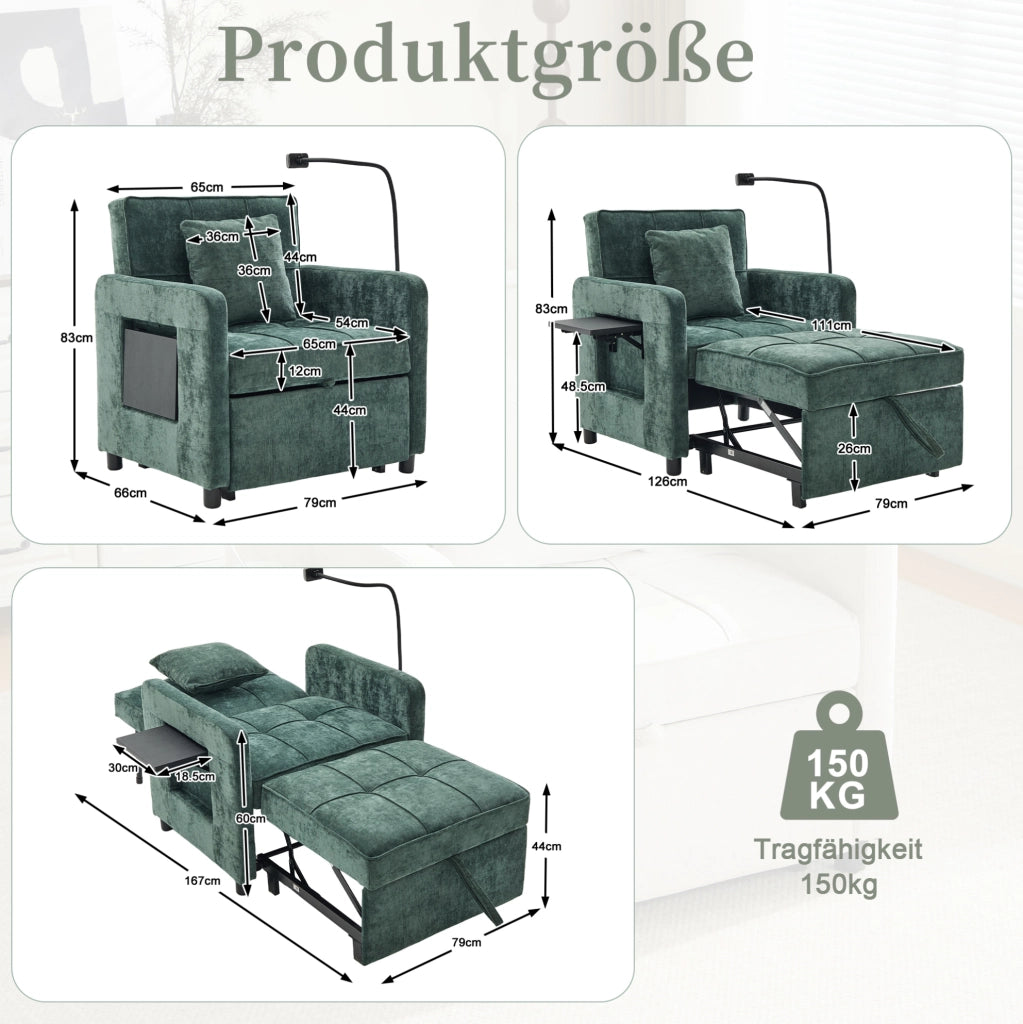 Poltrona letto 2 in 1 convertibile in chenille verde; 167 x 79 x 83 cm; con poggia-braccio