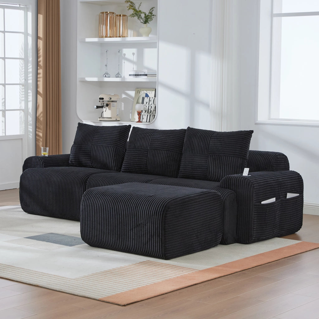 DIVANO MODULARE 3 POSTI 268x174x80 cm Corda Nero con portabicchiere e tasca laterale
