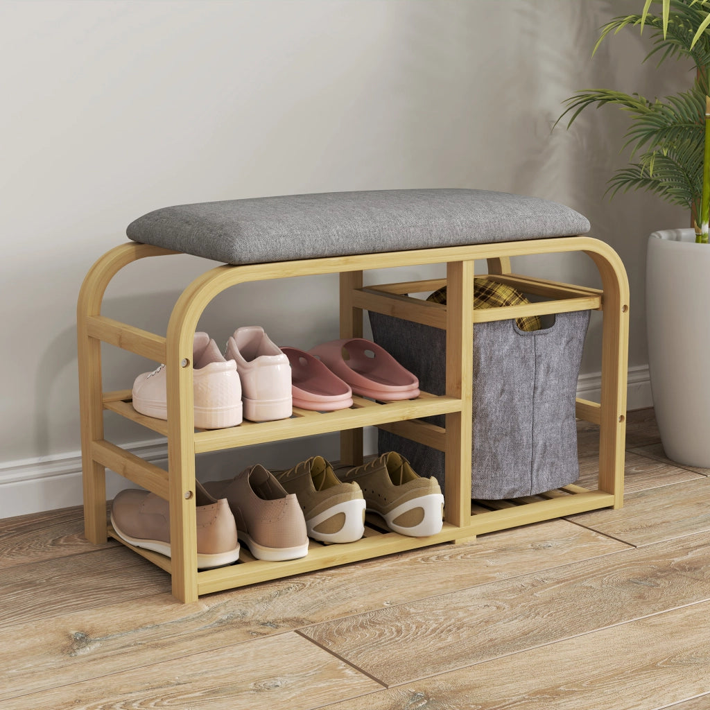Panca porta scarpe con cuscino, ripiani a doghe e cestino scorrevole ¨C zephmum ¨C legno naturale 70x30x45cm