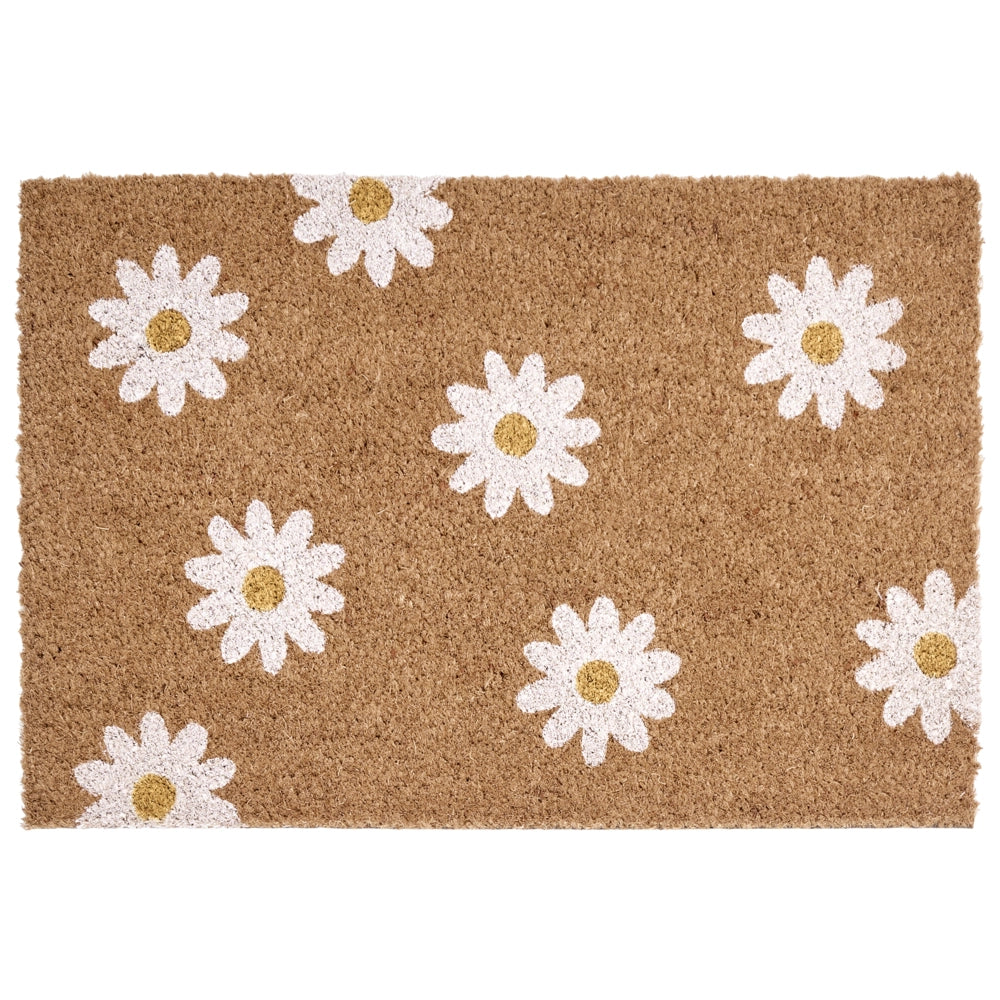 Zerbino in fibra di cocco naturale con supporto in PVC antiscivolo 40 x 60 cm con motivo floreale a margherita, decorazione moderna per interni.