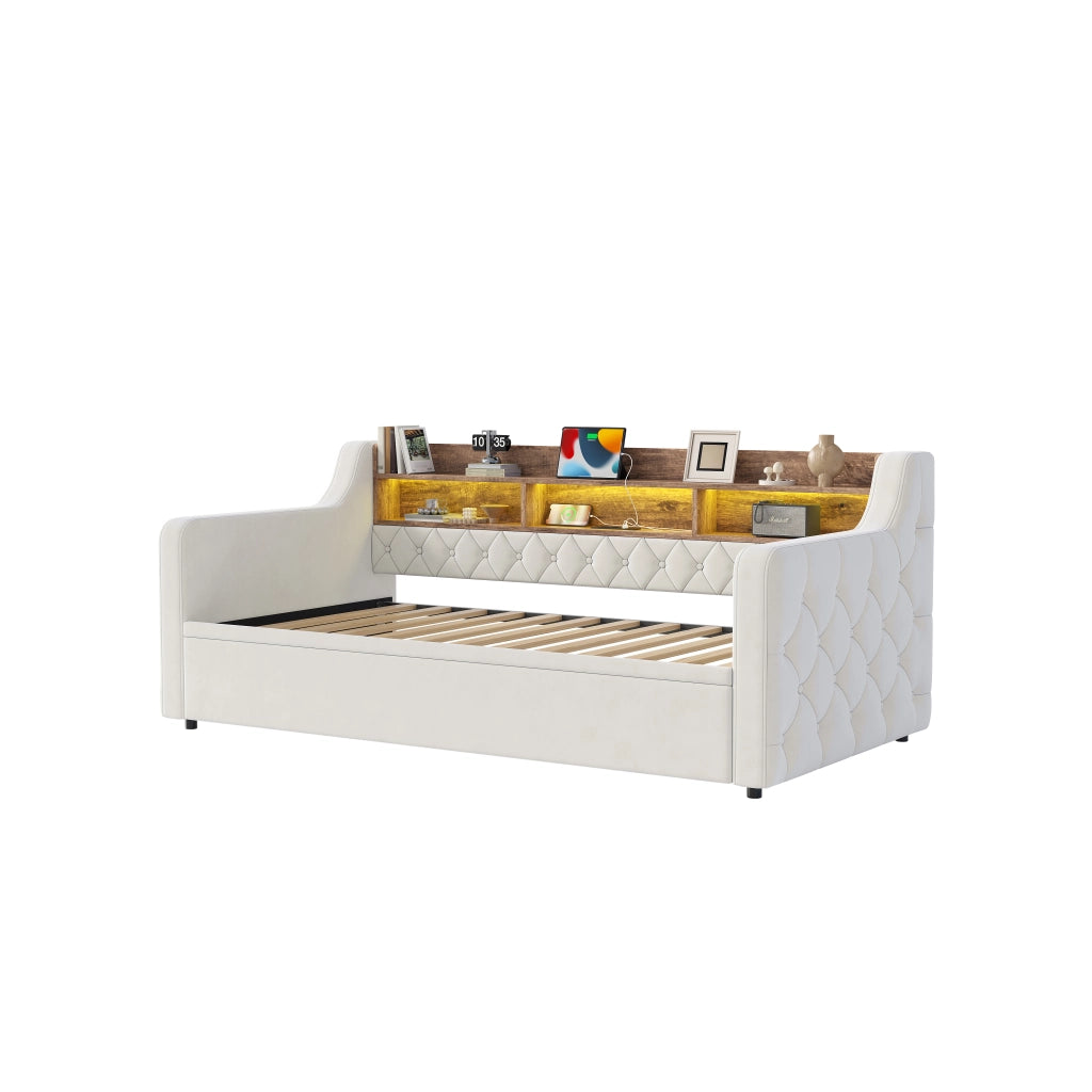 Letto a Divanetto 90x190 cm; con testiera portaoggetti; LED; USB e Type-C in Velluto Beige