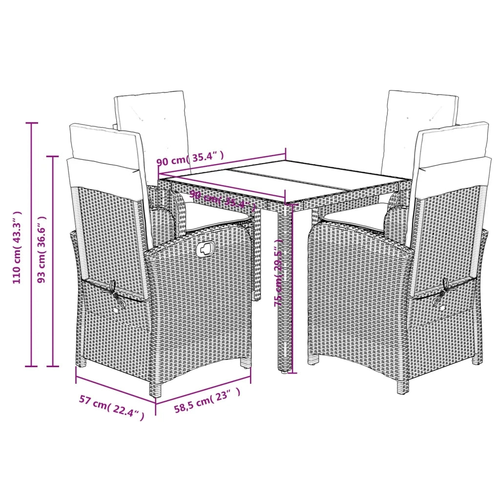 Set da Pranzo da Giardino 5 pz Nero con Cuscini in Polyrattan 3212195