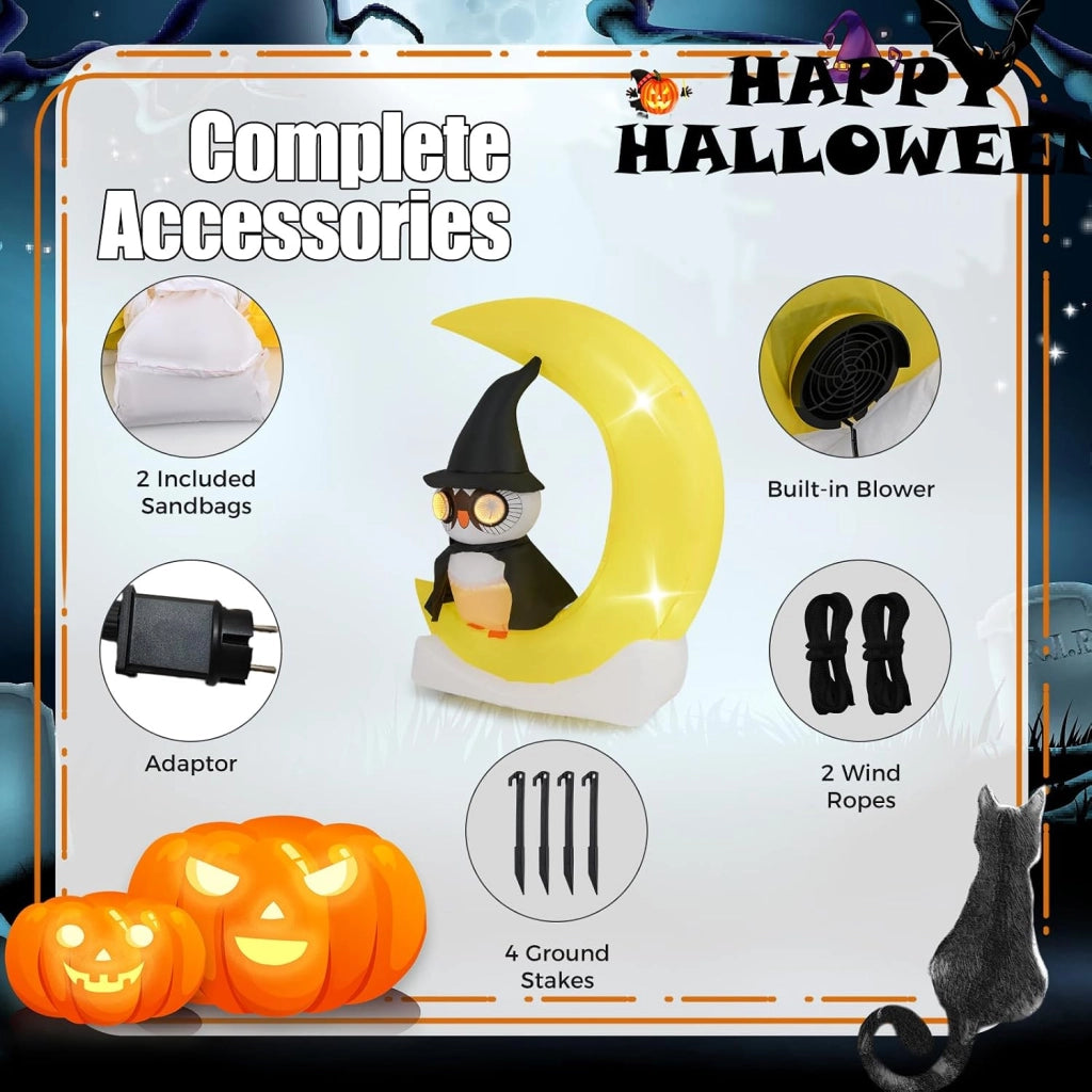 Decorazione Halloween, gufo decorativo con luna gonfiabile, 130 x 60 x 155 cm, 3 luci a LED e 2 grandi luci lampeggianti, soffietto incluso, decorazione per Halloween all'aperto e interni