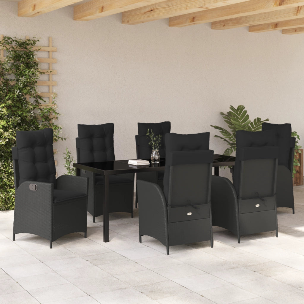 Set da Pranzo da Giardino 7 Pezzi con Cuscini Nero Rattan