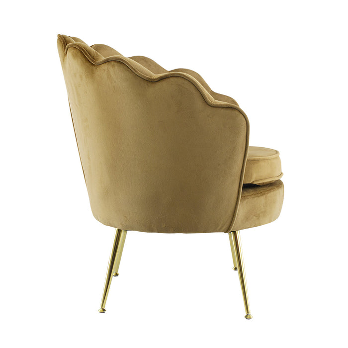 Poltrona Imbottita Schienale a Conchiglia in Velluto Piedi Oro Marrone