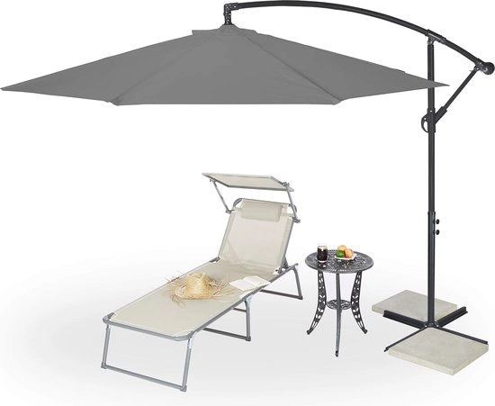 Parasole a vento con piede, Ø 300 cm, con cappuccio, manico, rotante, stabile, parasole XXL con piede a croce, grigio