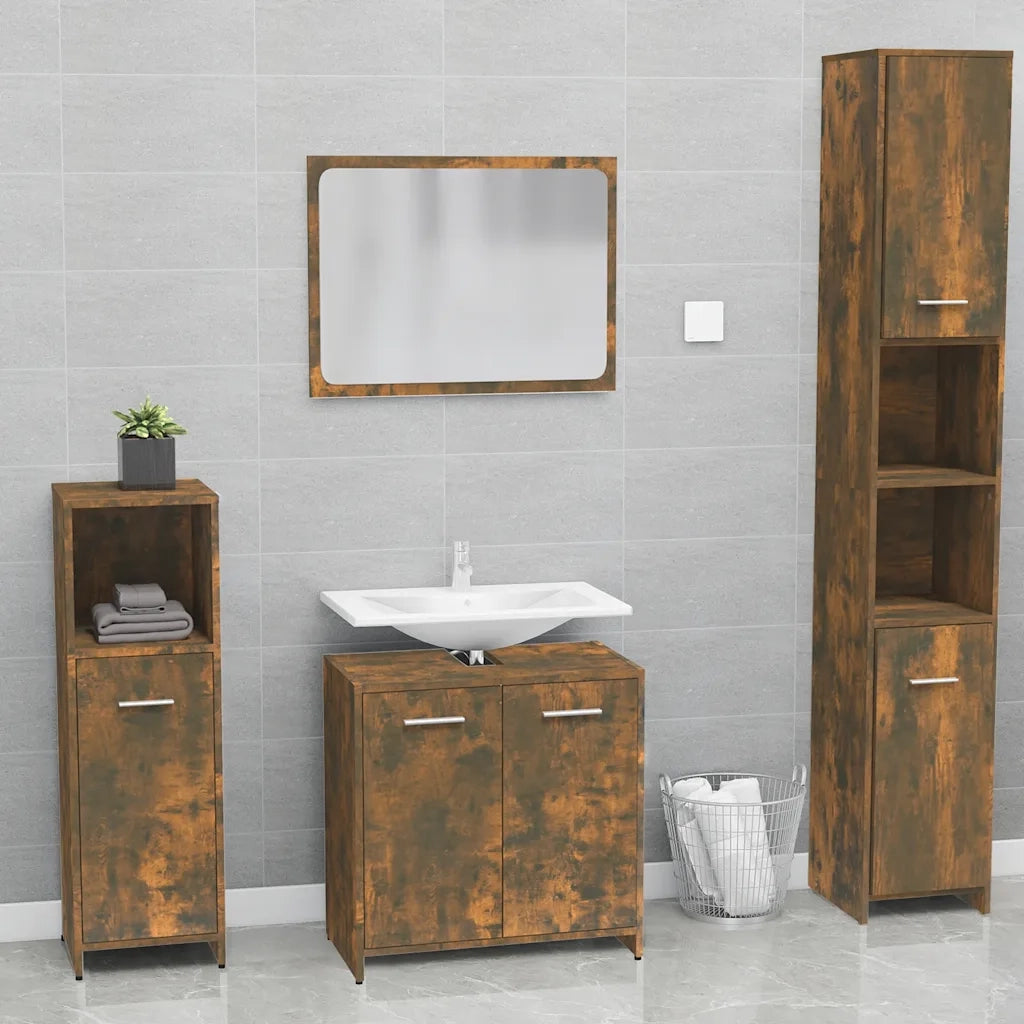 Set di Mobili da Bagno | Armadio da bagno Rovere Fumo in Legno Multistrato