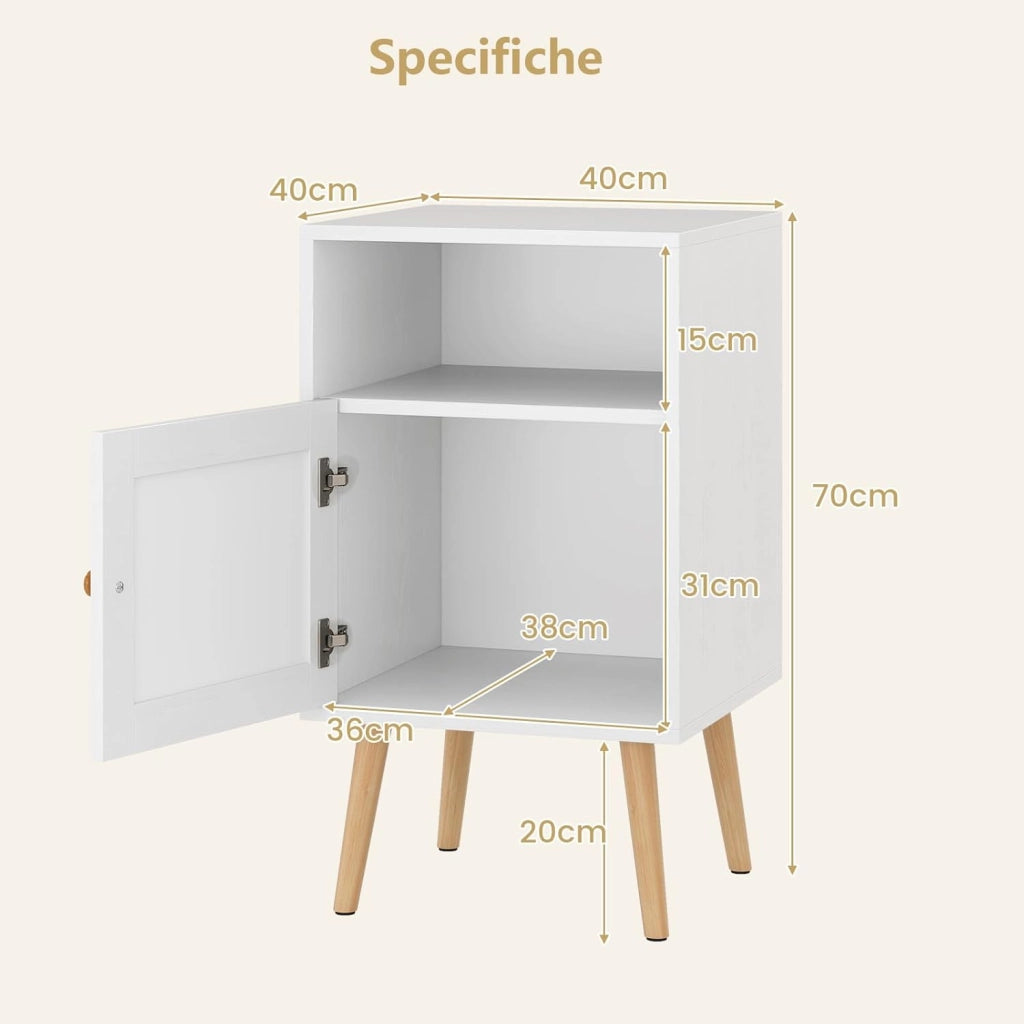 Set di 2 Comodini da Camera da Letto, Comodini in Legno con Porta in Rattan, Scomparto Aperto e Gambe in Legno Massello, Comò Moderno per Soggiorno e Studio, 40 x 39 x 70 cm (2, Bianco)