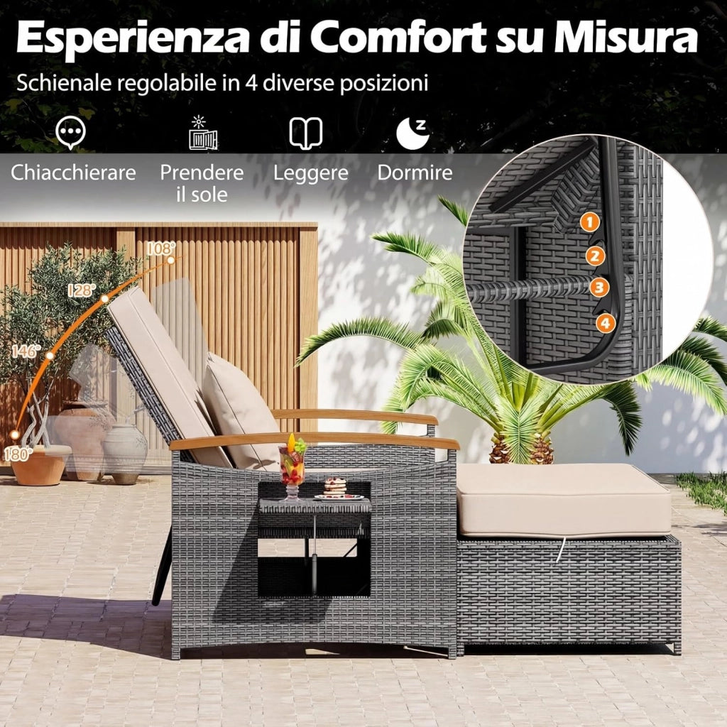Lettino Prendosle da Giardino con Cuscino per 2 Persone, Divano in Rattan con Panca Contenitore, Schienale Regolabile a 4 Livelli e Vassoi Laterali Estraibili per Balcone e Terrazza