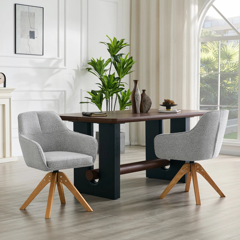 Sedia da pranzo girevole a 360° con braccioli e schienale ergonomico, in tessuto grigio e legno massello, set da 2