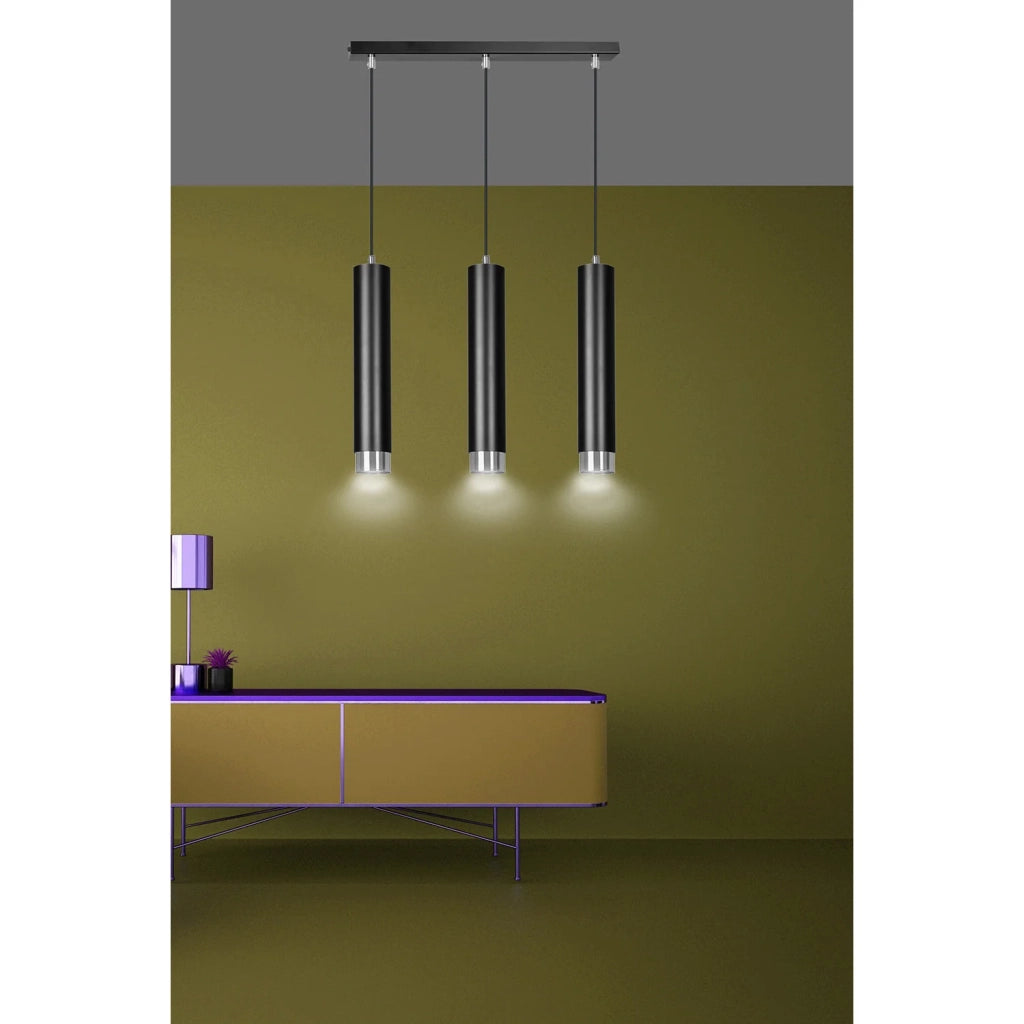 Lampadario 3 Luci Brunilde In Acciaio Nero E Tubolari In Nero E Cromo