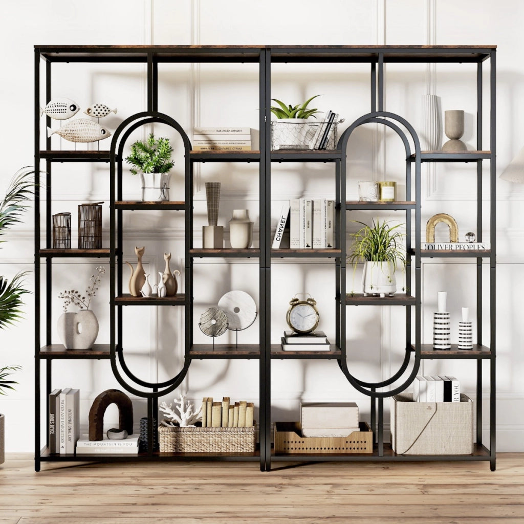Libreria a 5 ripiani scaffale industriale etagere con ripiani aperti-Libreria scaffale alto autoportante a forma ovale Nero
