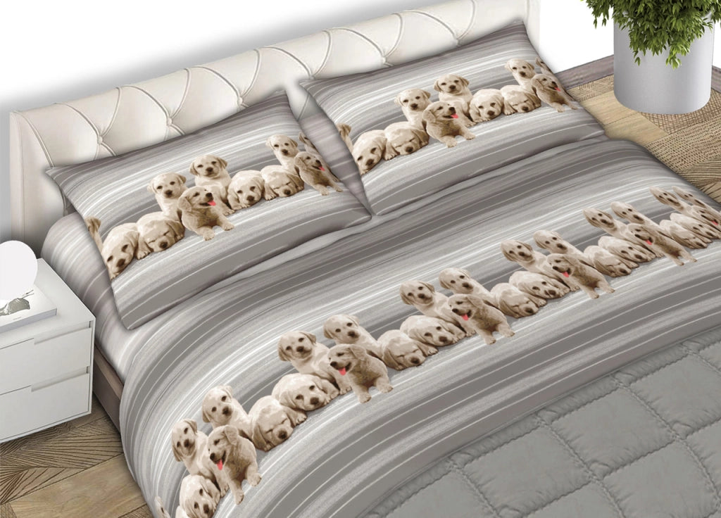 Completo Lenzuola In 100% Cotone Made In Italy Dis. Labrador Colore Grigio C.N. - Matrimoniale - Grigio