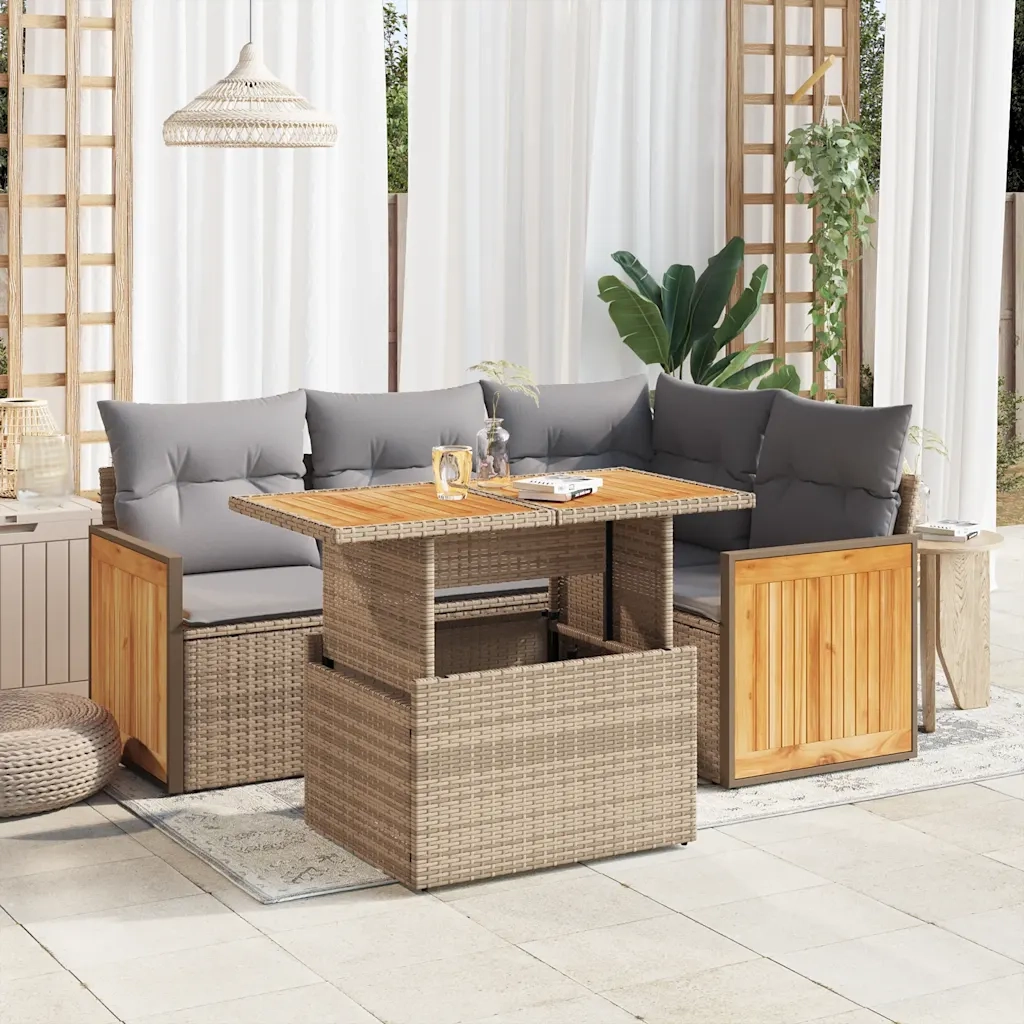 Set Divano da Giardino 5 pz con Cuscini Beige Polyrattan Acacia 3327706