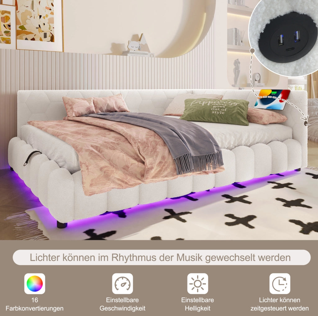 Letto singolo 90 x 200 cm con vano idraulico; LED; USB e Type-C; velluto bianco