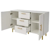 Credenza Elegante con 2 Ante e 3 Cassetti,  Design Moderno con Maniglie Decorative Oro, per Soggiorno e Camera da Letto, Bianco