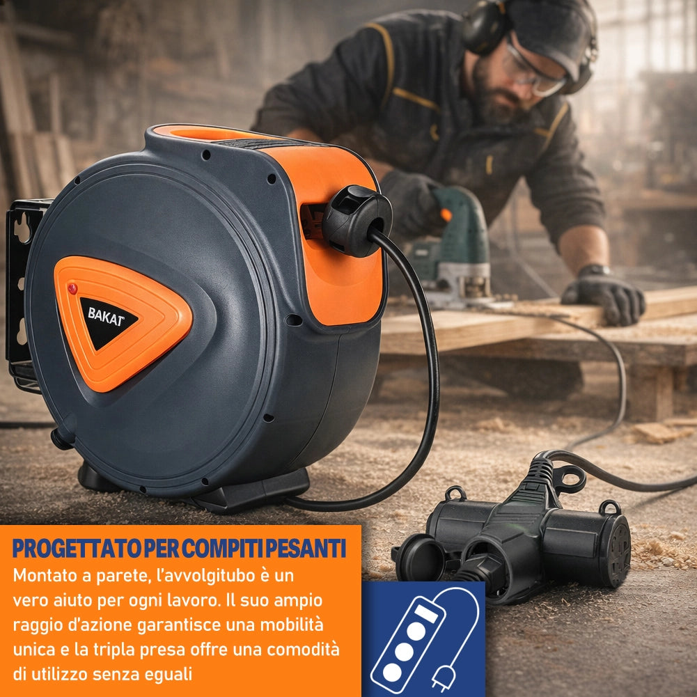 Avvolgicavo Elettrico 15 Metri Rotante a 180° con Multipresa a 3 Teste e Guanti Nero e Arancione