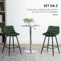 Set 2 Sgabelli da Bar con Schienale e Poggiapiedi Stile Nordico in Metallo e Velluto, Verde, 45x47x84cm