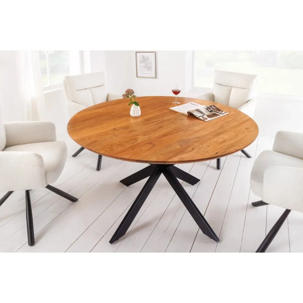Tavolo da pranzo SOLARA 130 cm – Piano rotondo in acacia massiccia e gambe in metallo nero – Stile industriale chic