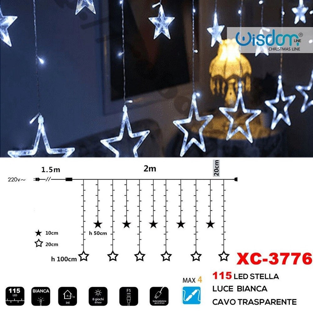 Trade Shop - Tenda Luminosa Natalizia 115 Led Con Stelle Luce Bianca Cavo Trasparente Xc-3776 -