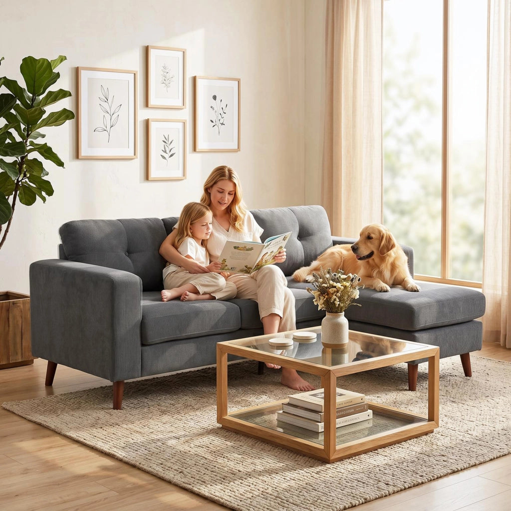 Divano angolare 3 posti con chaise longue reversibile ¨C zephmum ¨C Tessuto corda, grigio scuro, 192 cm