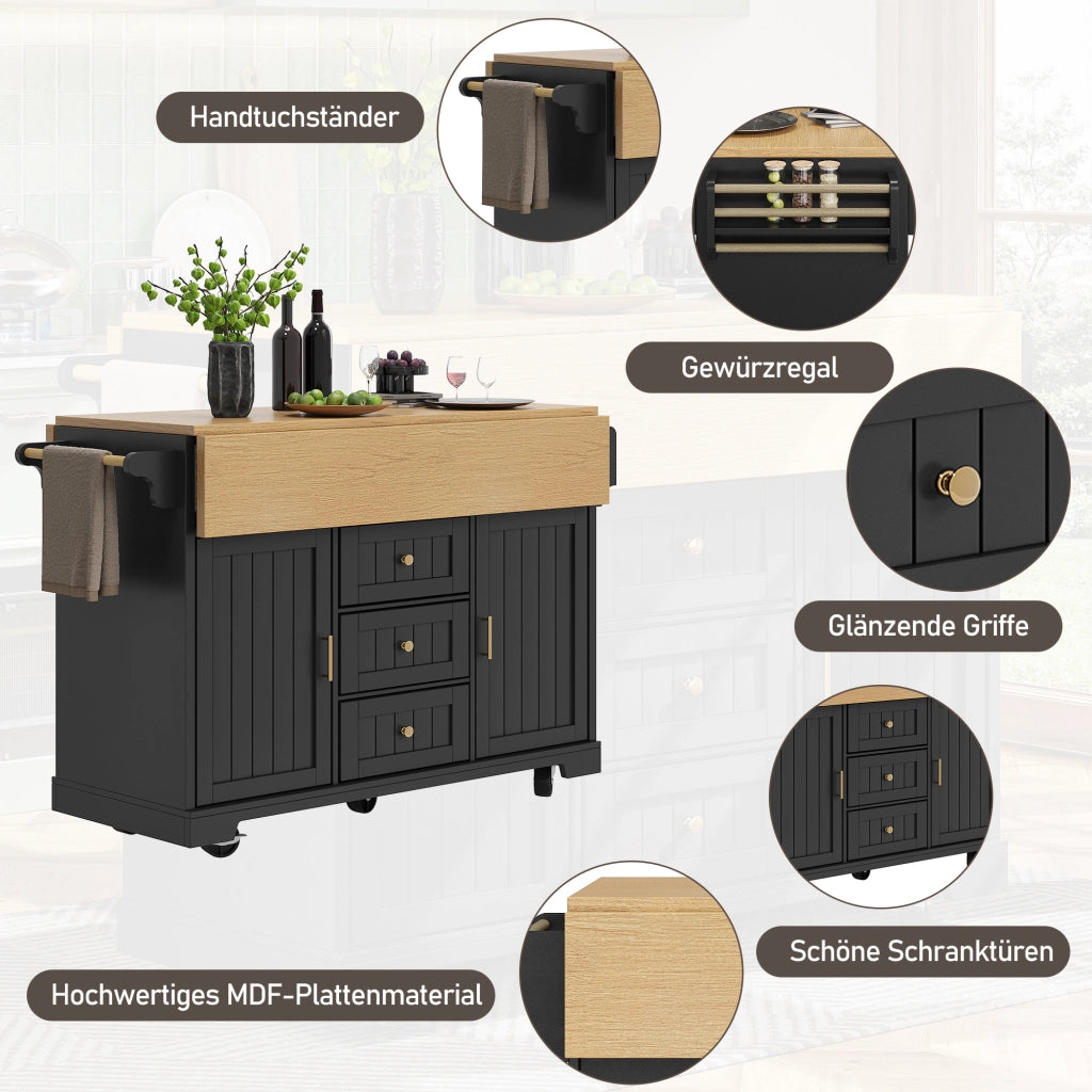 ISOLA CUCINA 120x40x95 cm MDF Nero con 3 Cassetti e Ruote