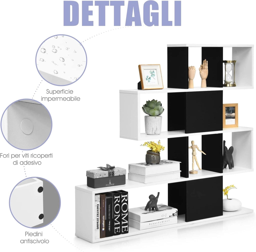 Libreria in Legno, 5 Livelli con Ante, Scaffale Multifunzionale a Forma di Scala, Ideale per Soggiorno Studio Ufficio, 120x19,5x109cm (Nero e Bianco)