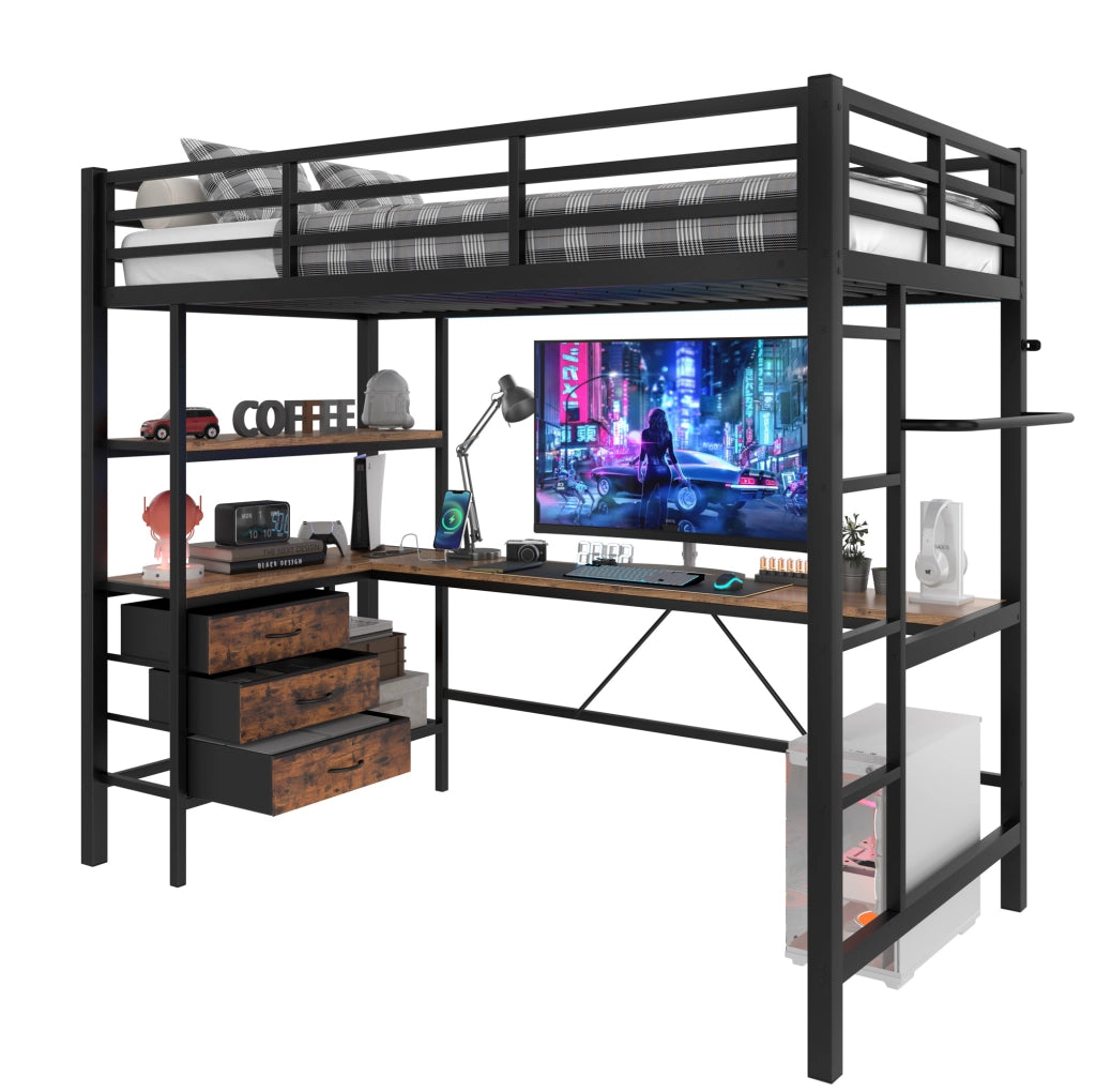 Letto a soppalco 90x200 cm in metallo e MDF; con luce ambientale; scrivania; prese USB; nero