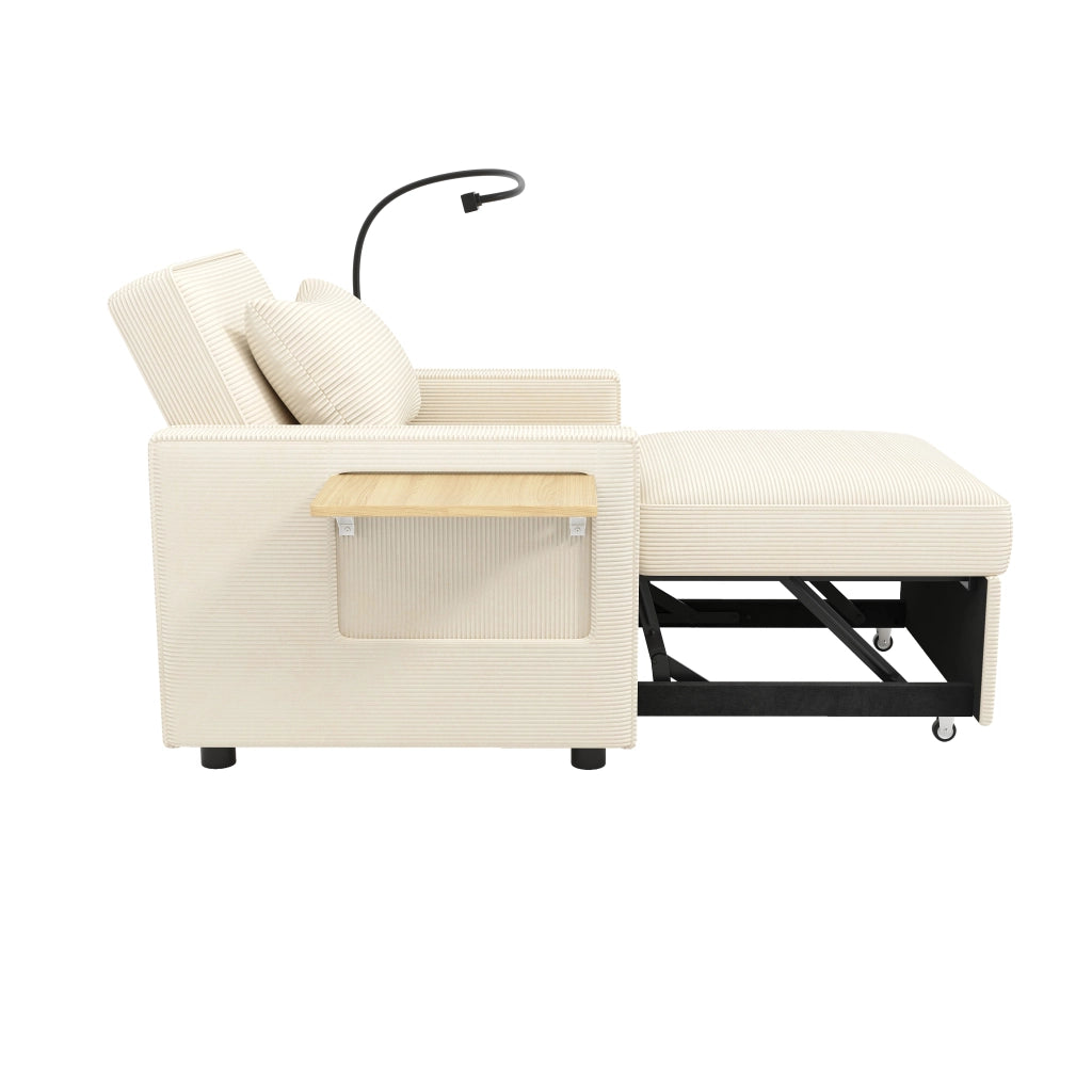 Divano Letto 1 Posto con Schienale Regolabile, Porta USB e Type-C, Supporto Smartphone 360°, con Tavolino e Tasche Laterali, in Velluto a Coste, Beige