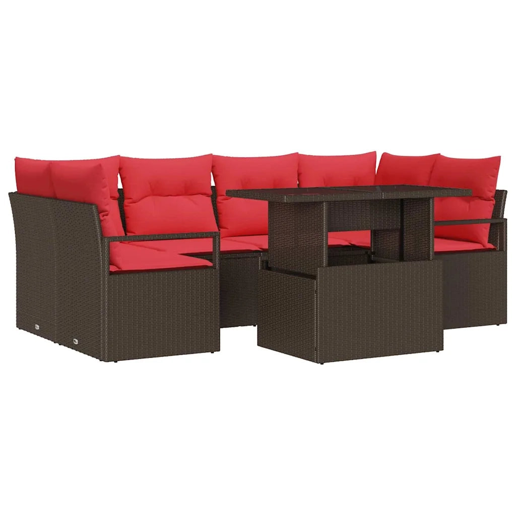 Set Divano da Giardino 7 pcs Marrone e rosso polyrattan