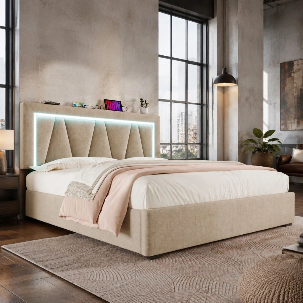 LETTO Contenitore 160x200 cm in lino beige con LED e USB Type C