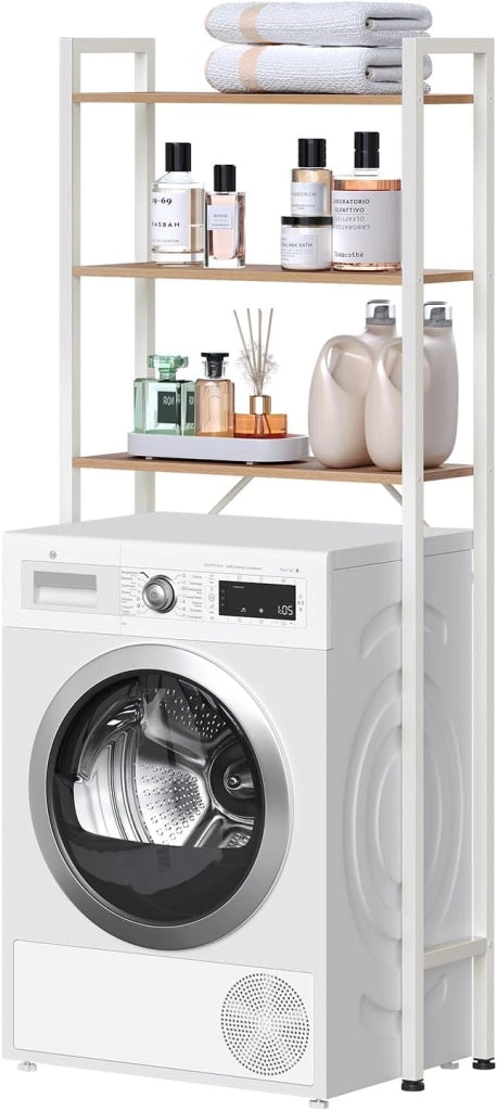 Mobile Sopra Lavatrice a 3 Ripiani, Scaffale Coprilavatrice Salvaspazio, Organizer da Bagno Portaoggetti, Mobiletto Sopra WC in Legno e Metallo, Rovere Chiaro e Bianco, 67x20x164cm