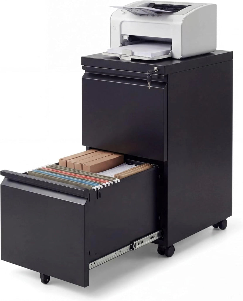 Cassettiera per Ufficio con 5 Ruote, Cassettiera per Archivio in Acciaio con 2 Cassetti, 2 Barre Appendicartelle Regolabili e Serratura, 2 Colori (Nero)