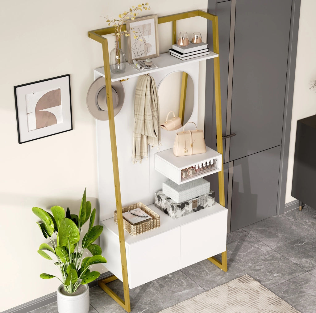 Guardaroba da ingresso 78x38,5x180,5 cm bianco MDF e metallo con specchio