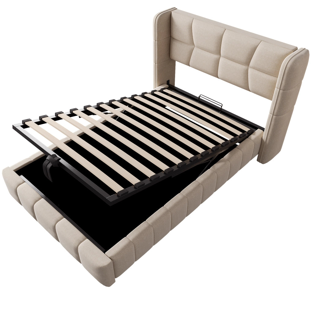 Letto per bambini 90 × 200 cm con contenitore sollevabile, testiera imbottita, senza materasso, beige