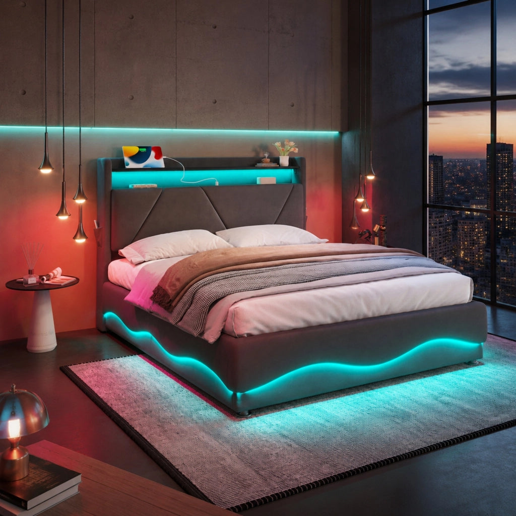 Letto Contenitore 140 × 200 cm 2 posti con LED, USB e Type-C, senza materasso, in velluto, grigio