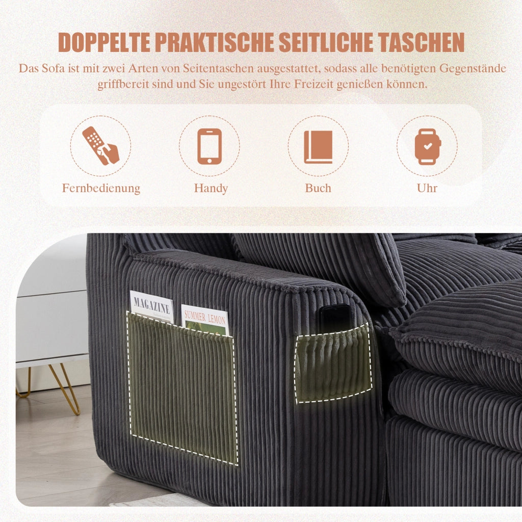 Divano modulare componibile a 4 posti con cuscini e tasche laterali per soggiorno in velluto a coste grigio scuro