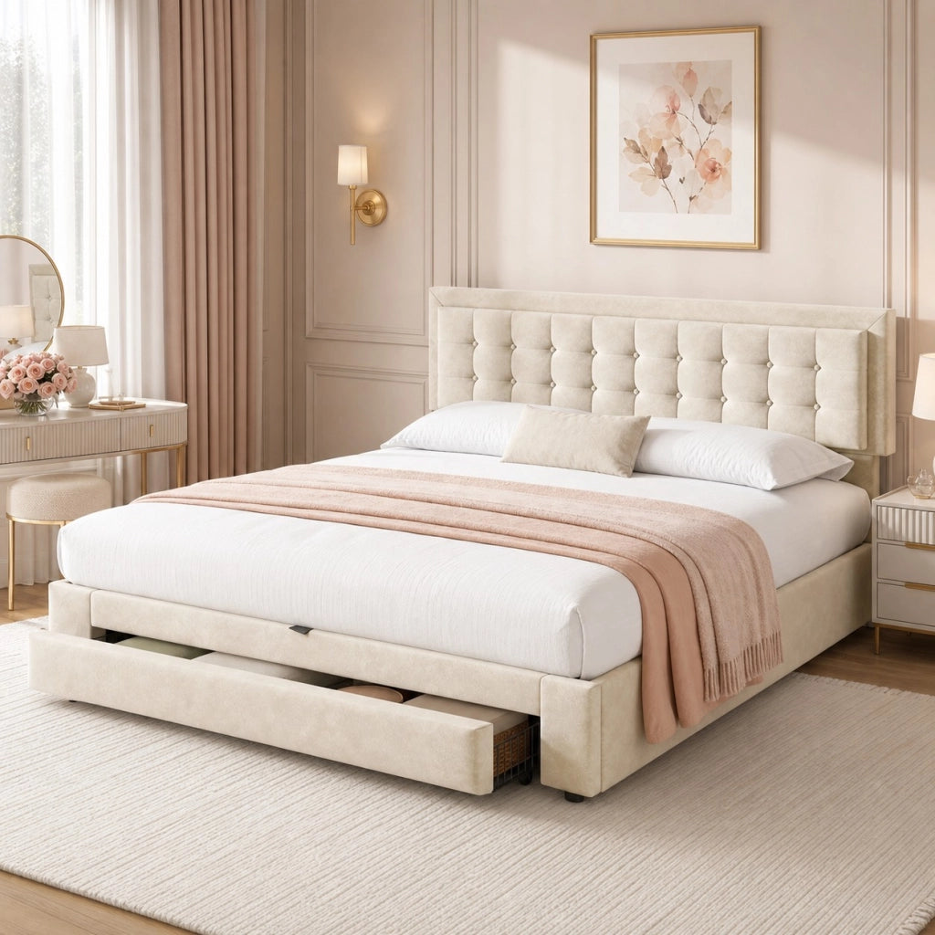 Letto matrimoniale 160x200 cm in velluto beige con contenitore; testiera regolabile e cassetti