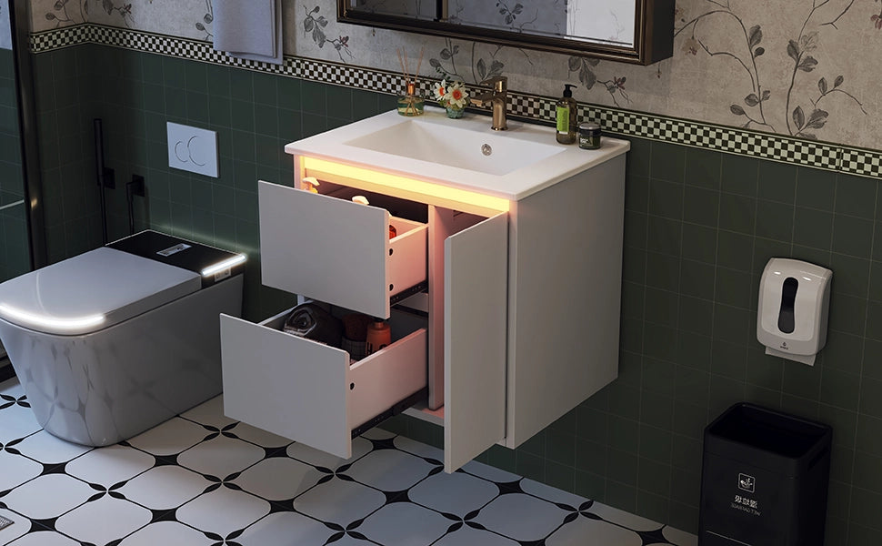 Mobile lavabo sospeso 61¡Á46,5¡Á57 cm in MDF/ceramica bianca, lavabo integrato, 2 cassetti, anta soft-close e LED con sensore.