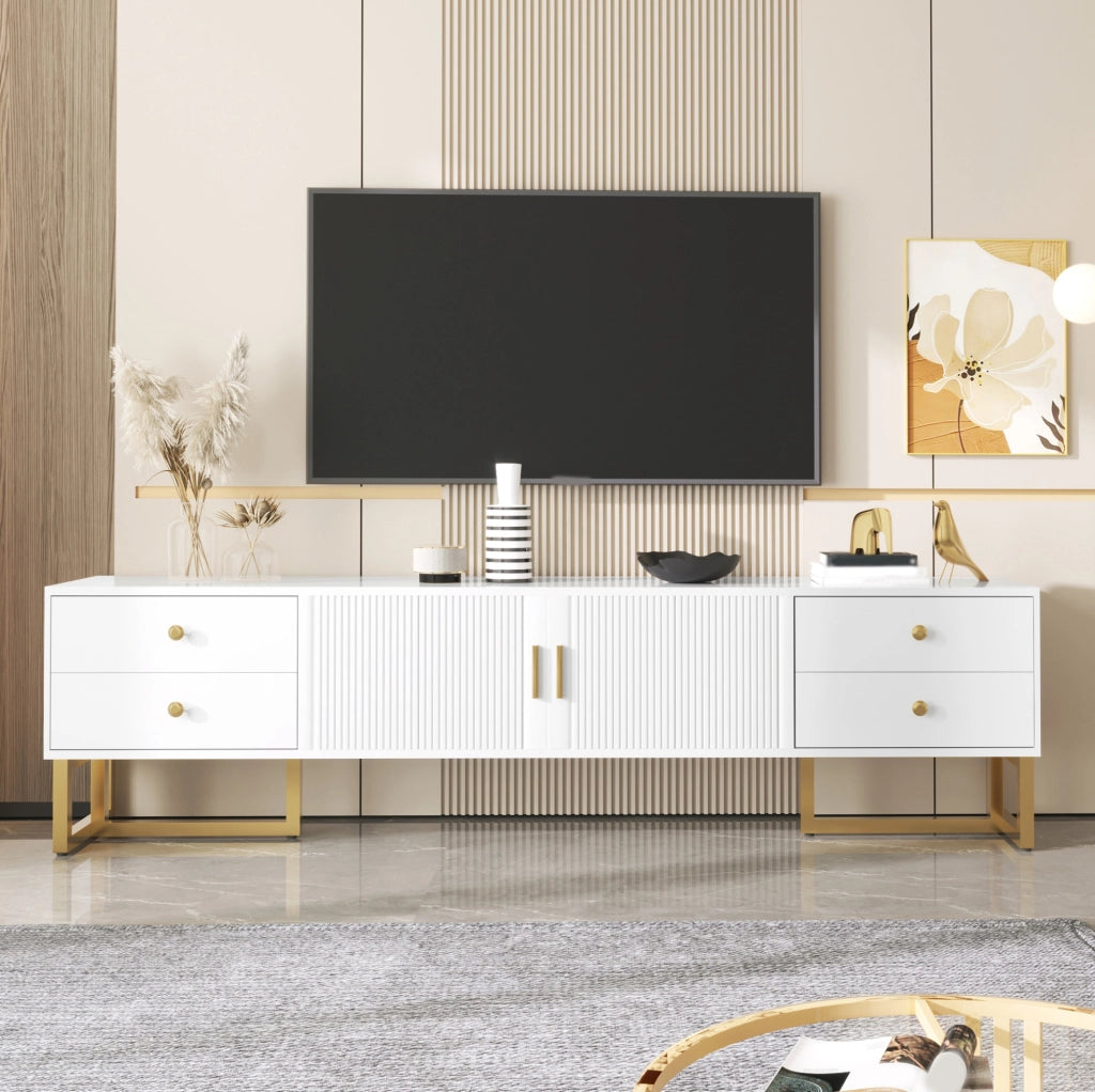 Mobile TV moderno bianco 175 cm con 4 cassetti, ante testurizzate e dettagli dorati