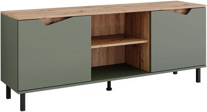 Mobile tv Marelle, Verde/Artigianale, 150 x 60 cm con 2 porte, adatto all'uso come mobile TV o mobile multimediale
