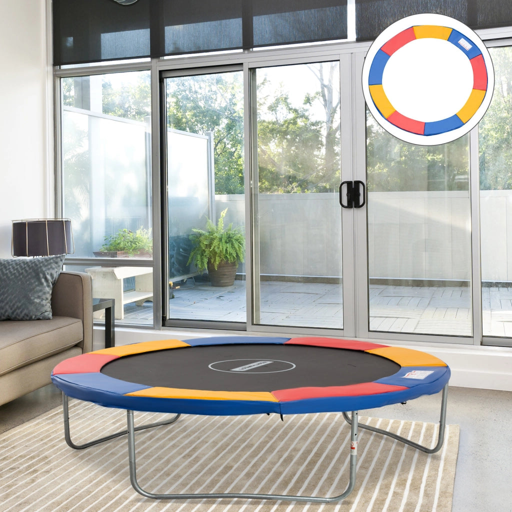 Copertura Tappeto Elastico ?305x1.5 cm Pieghevole e Portatile, Protezione Trampolino da Giardino in Plastica, PE e Schiuma EPE, Rosso, Blu e Giallo