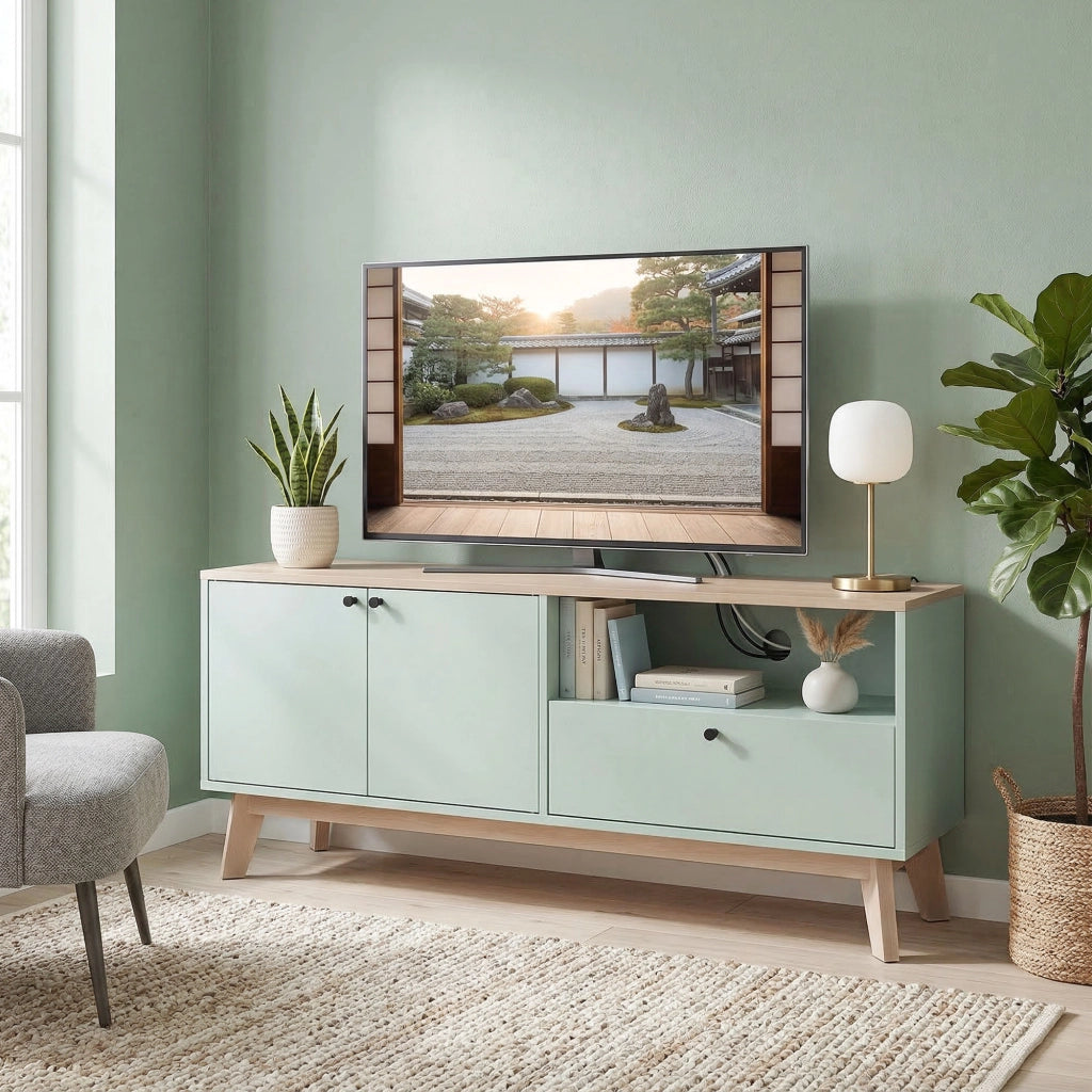 Mobile TV 120 cm con 2 ante, cassetto e ripiano ¨C zephmum ¨C verde chiaro