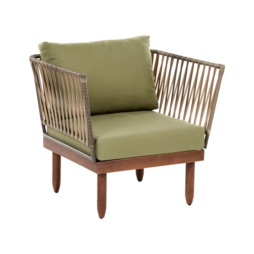 Set Lounge da Giardino 4 Posti ad Angolo Destro con Tavolino Poltrona in Finto Rattan Struttura in Legno di Acacia e Cuscini Verdi