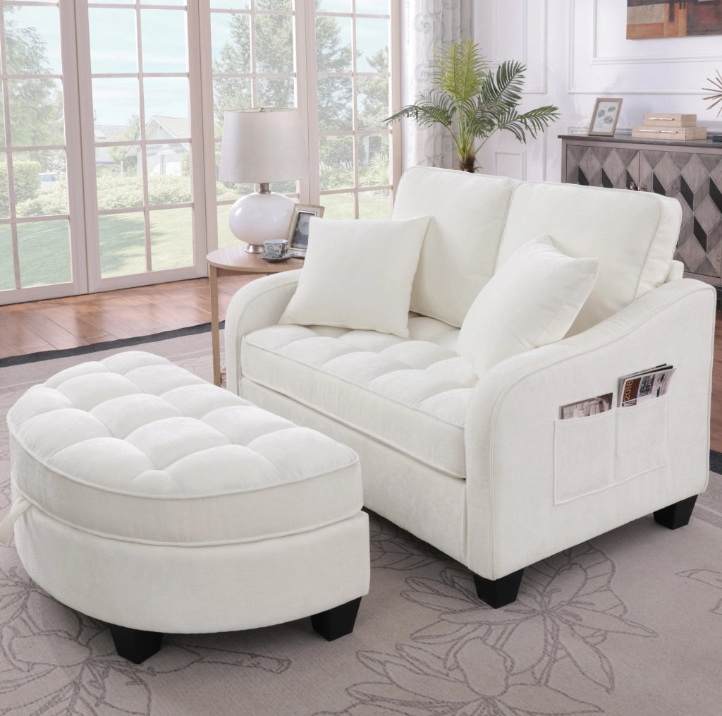 Divano letto 132x129x93 cm 2 in 1 con pouf contenitore in legno di eucalipto beige