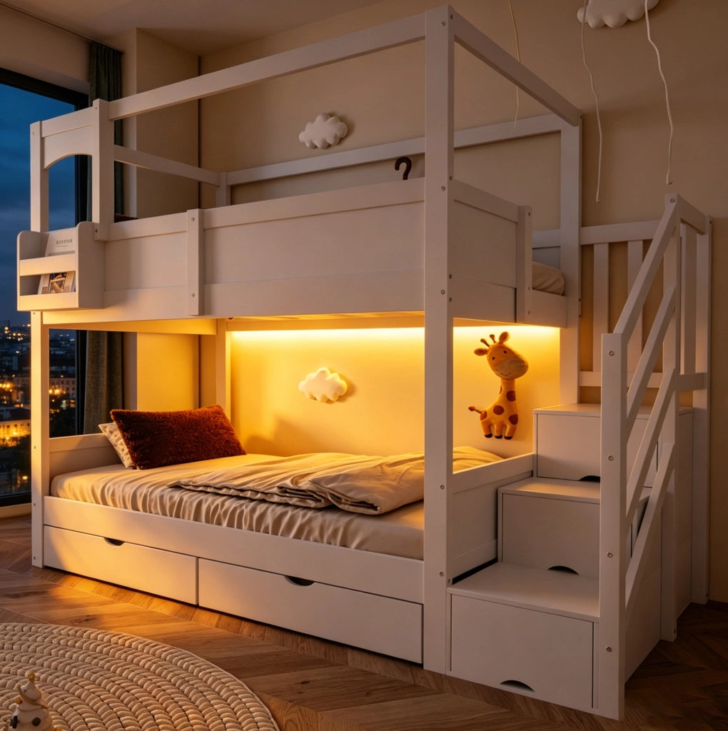 Letto a castello per bambini 90x200 cm in legno; design casetta; bianco; con 2 cassetti e scala contenitore