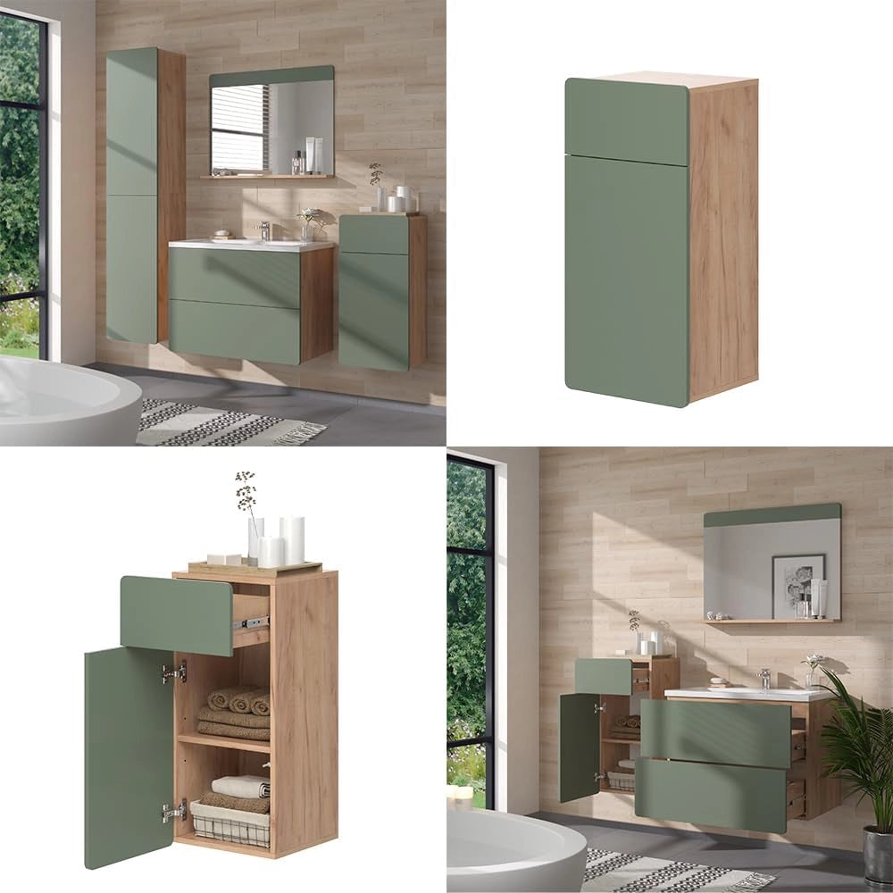 mobiletto bagno Izan, Goldkraft rovere/verde, 36.6 x 76.6 cm con cassetto e anta